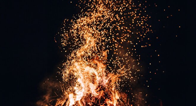Bright orange sparks and flames rise from a campfire against a dark black night background with sparks glowing embers drift upward burning pyrotechnics