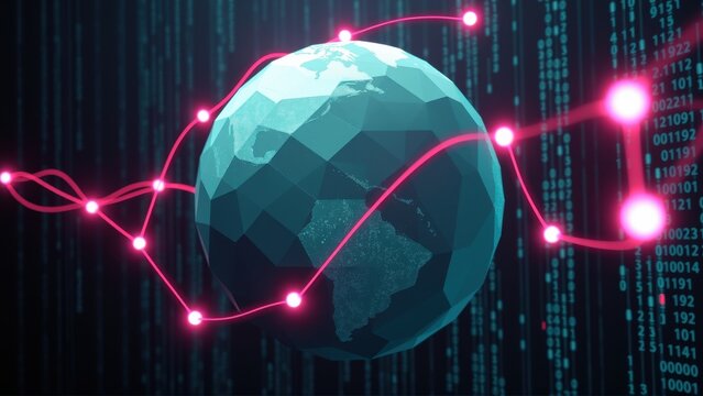 Low poly globe connected via pink lines. Digital matrix background suggests global network, data streams, technology.