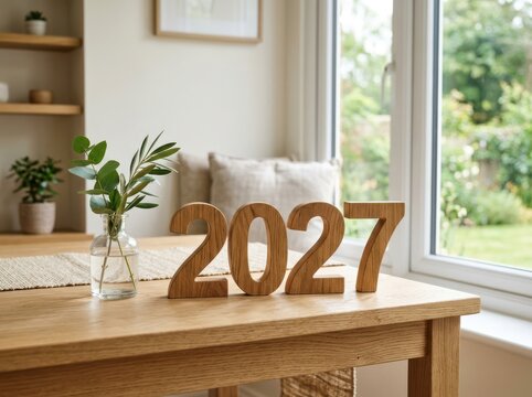 Wooden 2027 numbers on a table in a bright cozy home interior