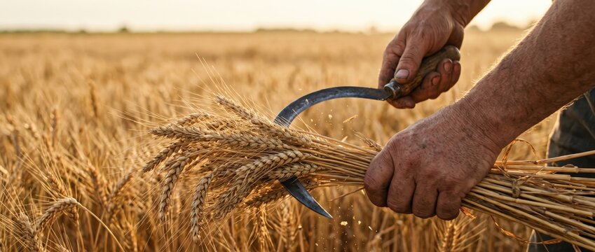 Close-up of a farmer's weathered hands harvesting golden wheat stalks with a traditional metal sickle in a vast, sunlit agricultural field during the late afternoon harvest season