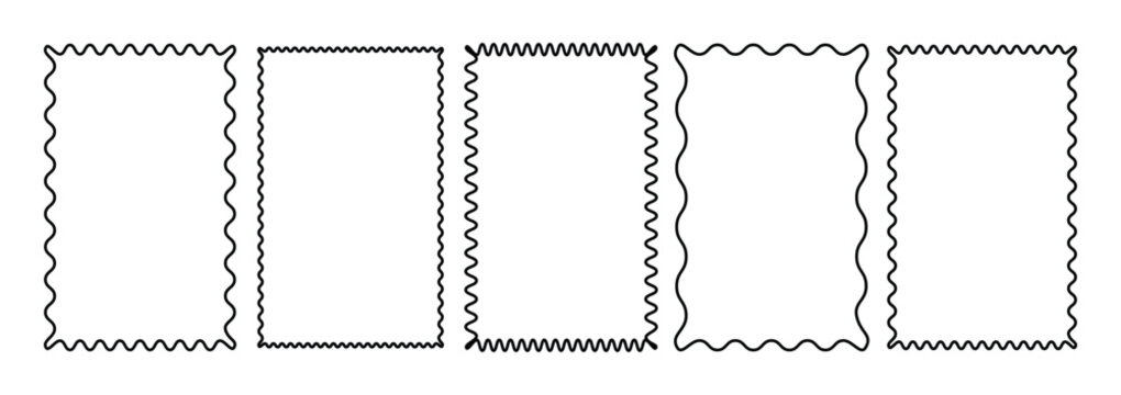 Set of rectangle frames with wavy edges. Zigzag wavy edges, rectangles, photo frames, text box. Frames Set of frames with zigzag edge, scallop edge shape. Vector zigzag set.