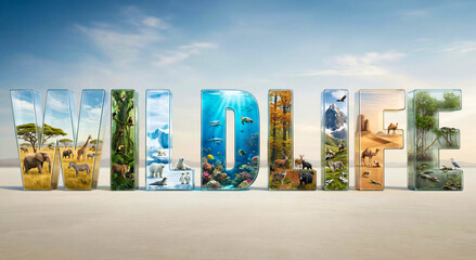 Fototapeta premium Large 3D letters spelling wildlife containing various animal habitats including savanna, jungle, arctic, ocean, forest, desert and wetlands. Nature conservation, ecology, biodiversity concept.