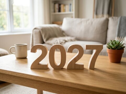Wooden 2027 numbers on a coffee table in a cozy modern living room