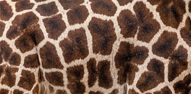 Close-up view of a giraffe hide, featuring a distinct pattern of dark brown, irregular patches separated by a network of light cream or beige fur lines, creating a natural organic texture