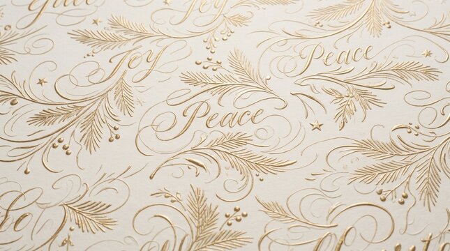 Gold embossed calligraphy pattern featuring holiday words and pine branches on a white textured paper background with calligraphy text decorative