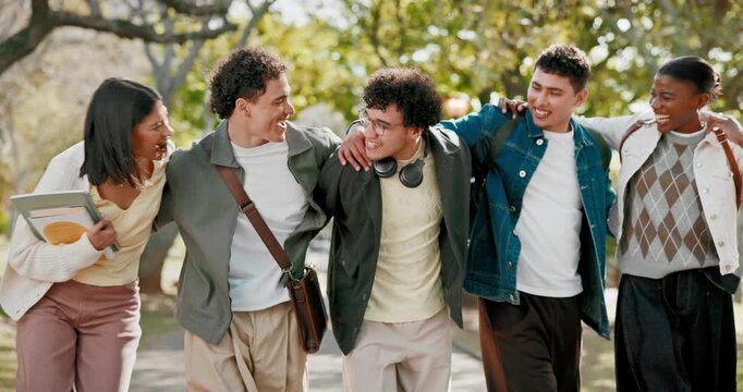 Happy, peers or university student in park with walk, group hug or connection in higher education. Diversity, laughing or people with embrace, friends bonding or college support in study opportunity.