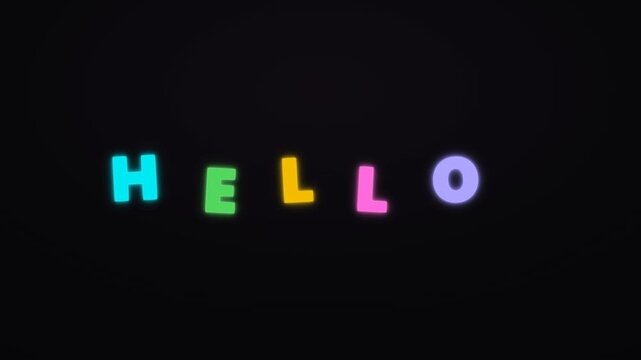 Clean multicolor neon kinetic typography featuring the word HELLO with individually animated colorful letters, luminous glow and smooth deterministic motion on a static dark background.