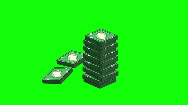 Stack of money cash vector illustration on green background. Features towering piles of green banknotes with tied bundles. Isometric graphic for financial wealth, banking, and economy.