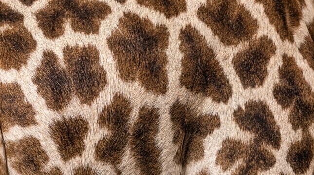 Detailed close up view of giraffe skin pattern with brown spots and light beige fur texture