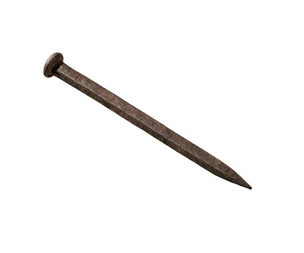 One single old rusty metal nail isolated on a white background