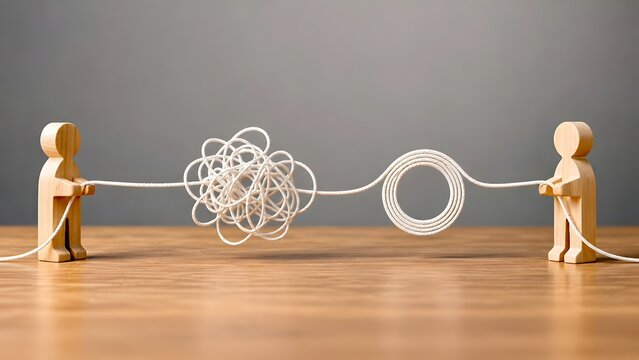 Wooden figures untangling complex knot into organized coil representing problem solving and workflow optimization