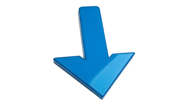 Large blue plastic three dimensional arrow pointing down isolated on transparent background
