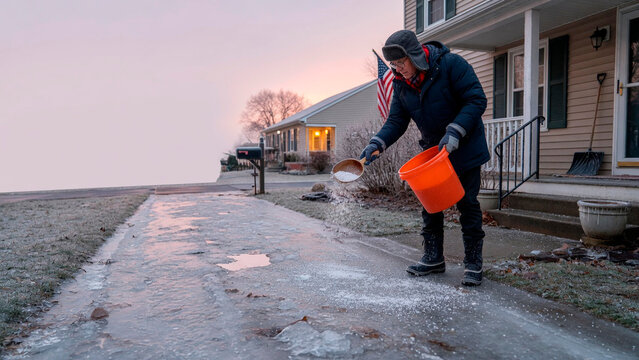 Person Carrying Bucket of Salt to Deice Slippery Driveway