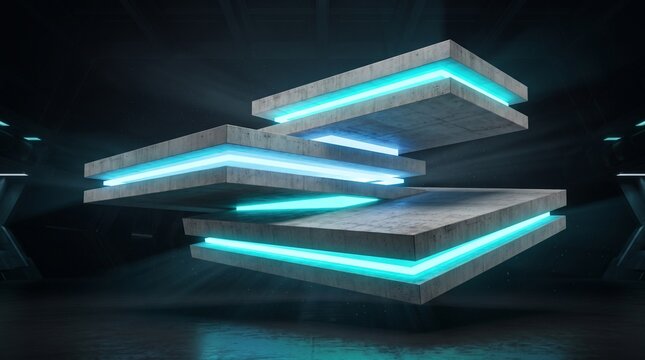 Multi-level floating concrete podium with staggered platforms and glowing electric cyan and ice blue gaps, creating an asymmetric futuristic architectural composition.