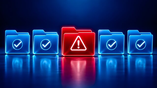 Glowing red digital folder with warning sign among approved blue checkmark folders representing data error and cybersecurity risk