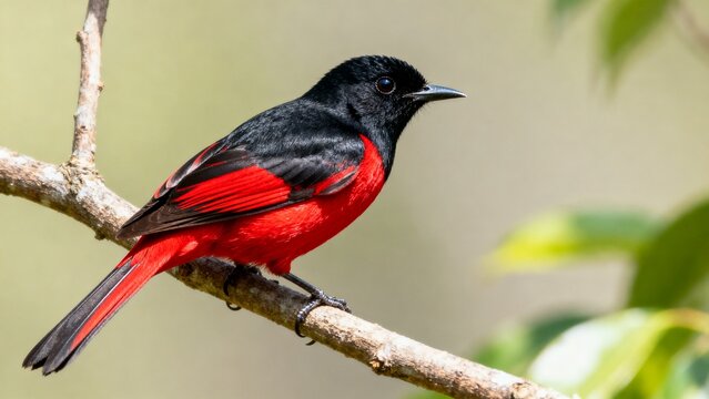 Male Scarlet Minivet Pericrocotus flammeus Perched on Branch in Lush Green Forest