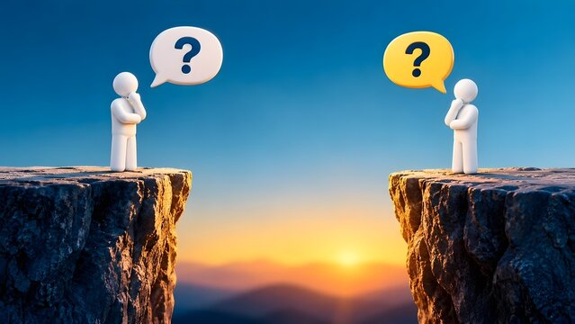 Figures on opposite cliffs with question bubbles representing communication gap and business problem