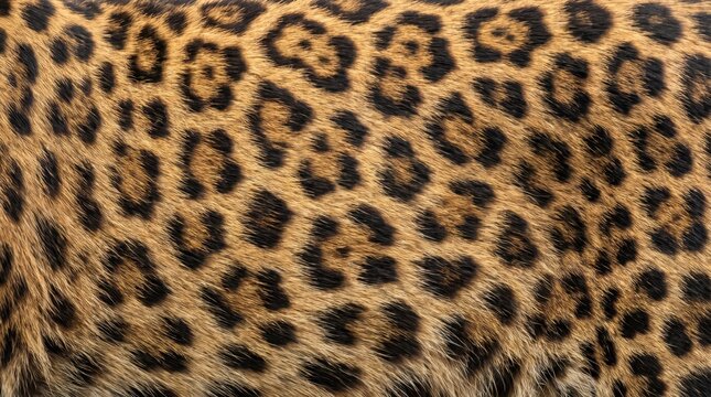 Detailed texture of a leopard fur pattern with distinct black rosettes on golden brown coat
