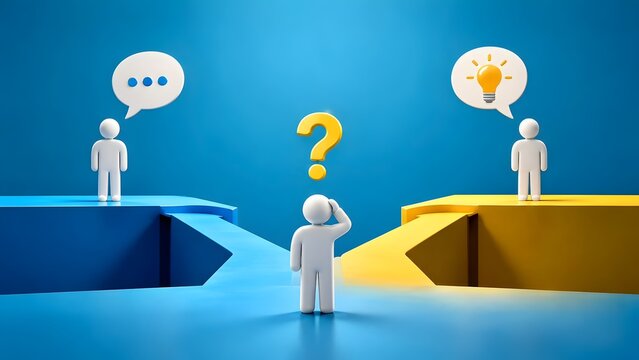 Figure at crossroad looking at question mark choosing between communication and idea solution paths