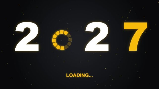 Year 2027 digital countdown loader with spinning progress ring animation on dark background.