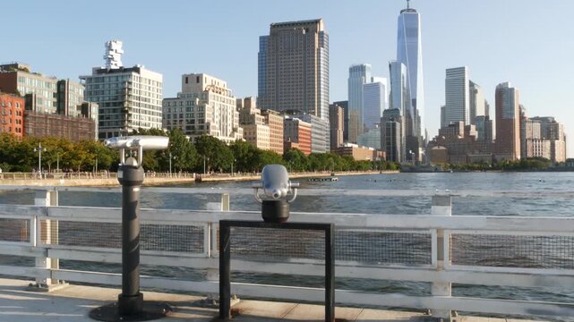 New York City Manhattan downtown financial district skyline, United States. Urban waterfront cityscape, World Trade Center skyscraper building, Hudson River Park, riverfront promenade tower viewer.