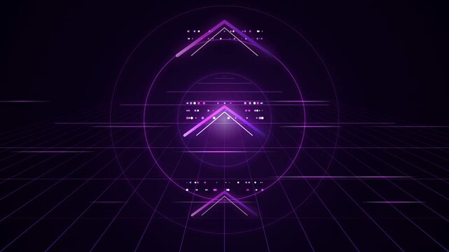 Neon purple arrow navigation symbols moving forward on digital grid motion background.