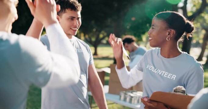 Volunteer, high five or team in park for planning, food distribution schedule or charity goal. People, excited and outdoor with talking for community service, outreach program and donation list