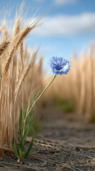 Obraz premium Lonely cornflower stands among golden rye under blue sky, vibrant and serene, symbolizing solitude and beauty