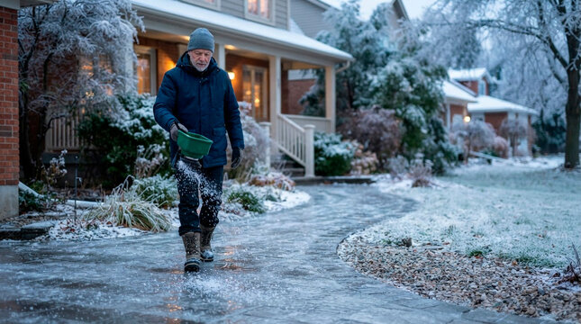 Man Spreading Salt on Icy Driveway after Freezing Rain
