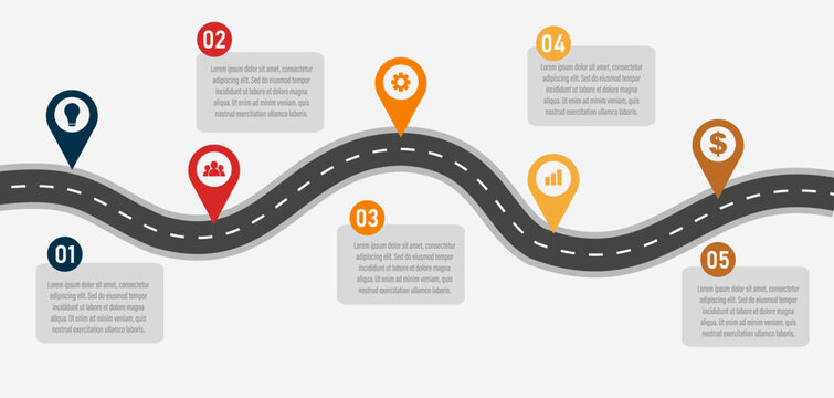 Modern 5 steps horizontal winding road pathway infographic template for business presentation vector design
