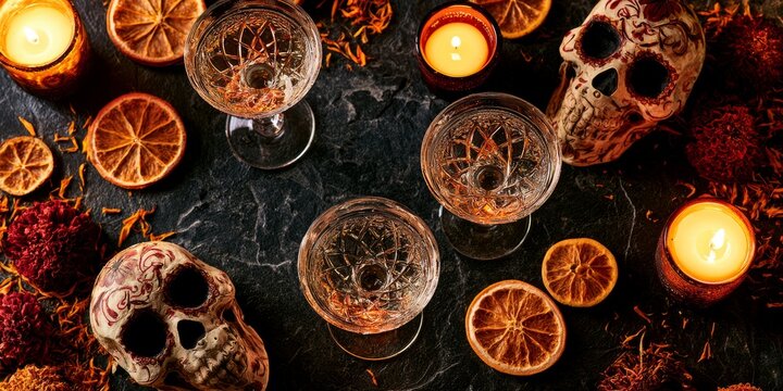 Crystal Goblets with Skulls Marigolds and Candlelight