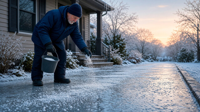 Man Pouring Deicing Salt on Frozen Residential Driveway