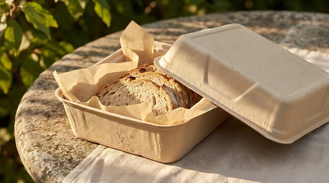 Fresh round sourdough bread loaf inside a square brown cardboard takeaway box on a rustic wooden table. bakery box mockup