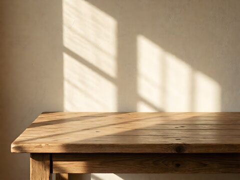 Empty wooden table surface with soft window sunlight and shadow on a neutral beige wall for product display mockup.