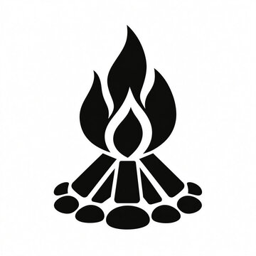 Campfire icon with flames and stones in a simple black design  