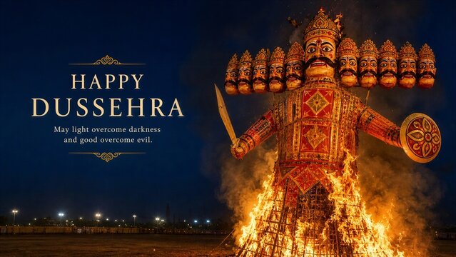 Landscape Dussehra greeting with burning Ravana effigy at night
