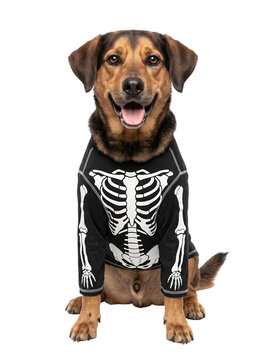 Happy dog wearing a skeleton costume isolated on transparent background
