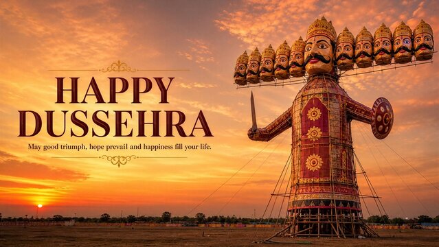Landscape Dussehra greeting with giant Ravana effigy at sunset