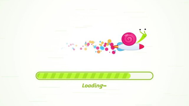 Animated snail flying with rocket booster on white background for loading screen.