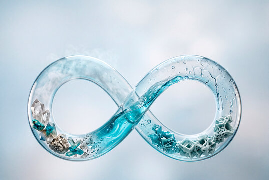 Simbolo dell&rsquo;infinito in vetro traslucido, riempito da acqua e cristalli in movimento. Un&rsquo;immagine che evoca cicli continui, trasformazione, equilibrio materico e dinamiche naturali.