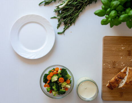 Cucina creativa con gli ingredienti avanzati in casa, con verdure fresche, pane e utensili semplici, a illustrare la preparazione dei pasti, le abitudini alimentari consapevoli di tutti i giorni.