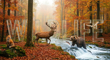 Fototapeta premium Autumn forest landscape featuring red fox, elk, brown bear and owl near flowing river, translucent large letters spelling wildlife. Nature conservation, ecology, seasonal scenery.
