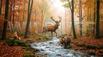 Fototapeta premium Autumn forest scene featuring stag, bear and fox by a flowing stream, glass letters spelling wildlife in woods. Nature, wildlife photography, environmental education.