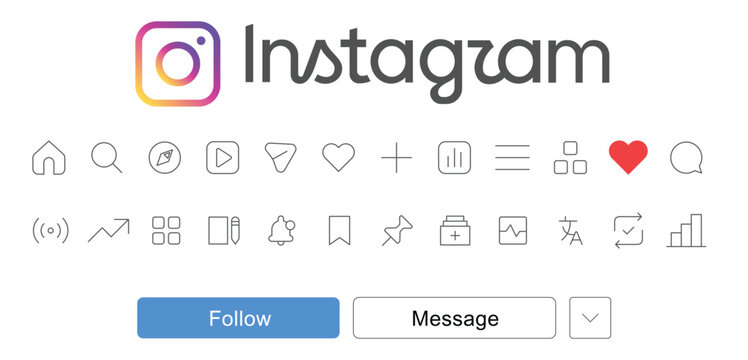 Set of Instagram logo wordmark user interface icons follow and message buttons vector illustration for illustrative editorial use