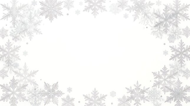 Abstract white background with a frame of elegant silver snowflakes