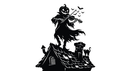Fototapeta premium Pumpkin headed skeleton playing violin on roof during dark night with flying bats and black cat in vector graphic style