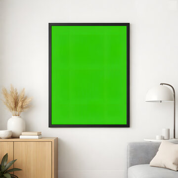 3D rendering mockup poster frame green screen with modern interior background