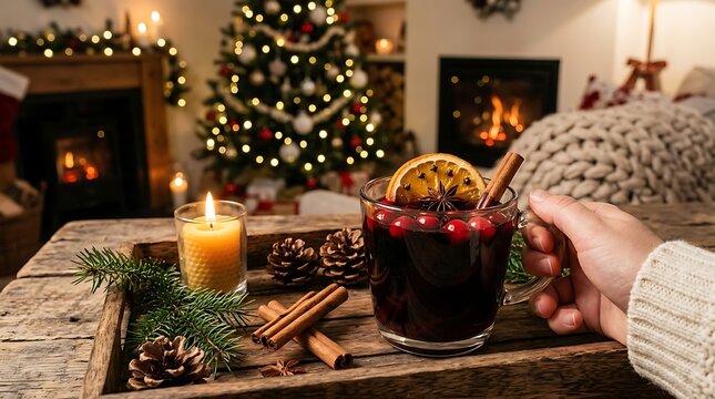 Hand holding a glass mug of hot mulled wine with orange slice and cranberries