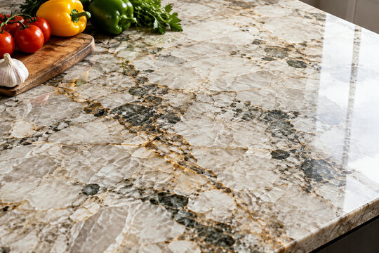 Pegmatite slab with vegetables and wooden board, food preparation and natural stone surface concept
