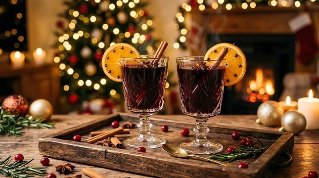Two glasses of warm mulled wine with cinnamon sticks and orange slices